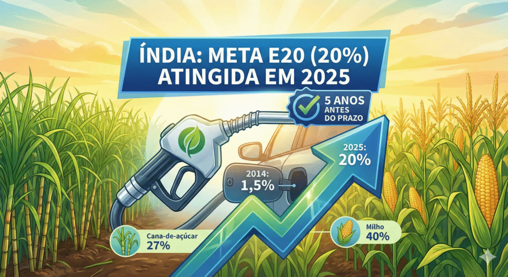 Infográfico: Índia atinge a meta de 20% de mistura de etanol (E20) na gasolina em 2025, cinco anos antes do prazo. Gráfico mostra crescimento de 1,5% em 2014 para 20%, com ícones de milho e cana-de-açúcar como fontes.