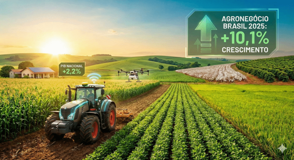 Infográfico do agronegócio brasileiro 2025 mostrando crescimento de 10,1% e impacto de +2,2% no PIB nacional, ilustrado com trator e drone em lavoura tecnológica.
